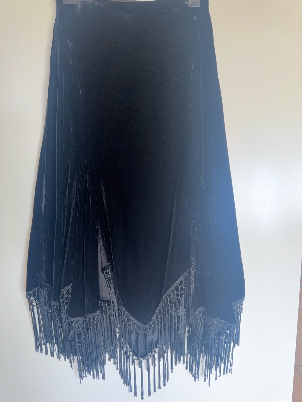 Black Velvet Fringe Midi Skirt Size 2 Boho Gothic Festival Handkerchief Hem - Picture 5 of 6